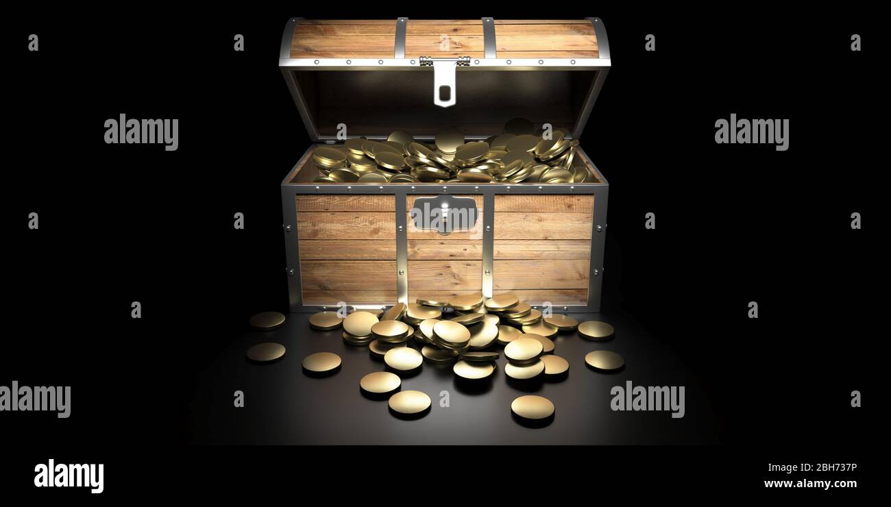 Treasure chest with gold against black background. Old wooden trunk with open lid full of golden coins. 3d illustration Stock Photo