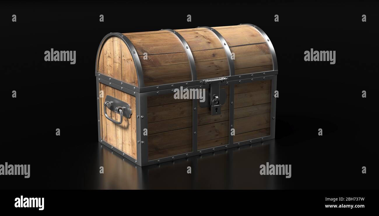 Treasure chest isolated against black background. Old wooden trunk with ...