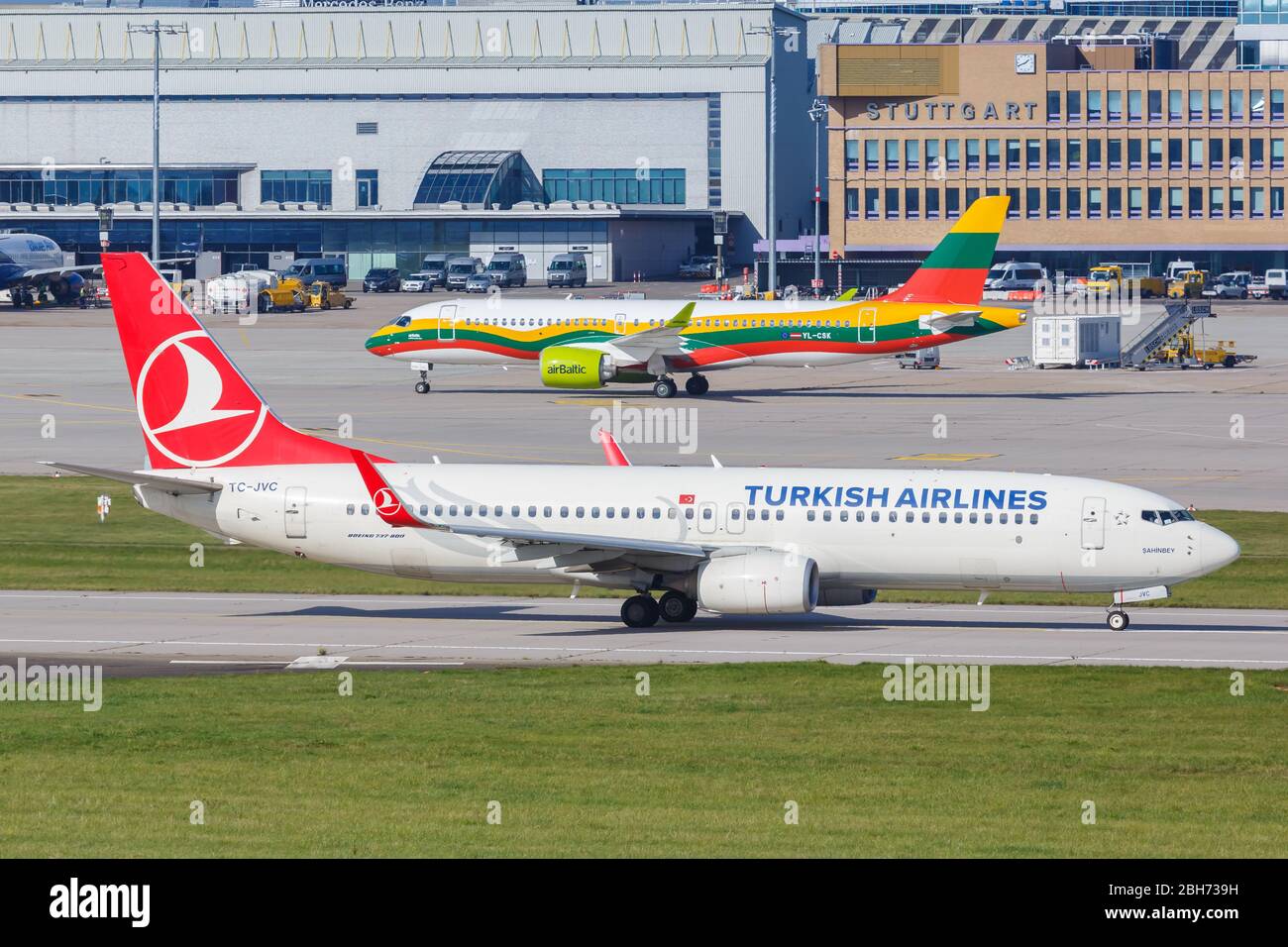 Stuttgart, Germany – October 20, 2019: Turkish Airlines Boeing 737 airplane at Stuttgart airport (STR) in Germany. Stock Photo