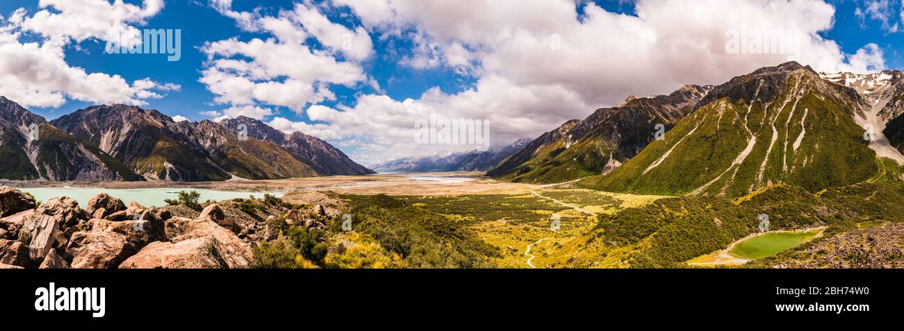 Panoramic view over the Tasman Lake and Tasman River valley, Canterbury, New Zealand Stock Photo