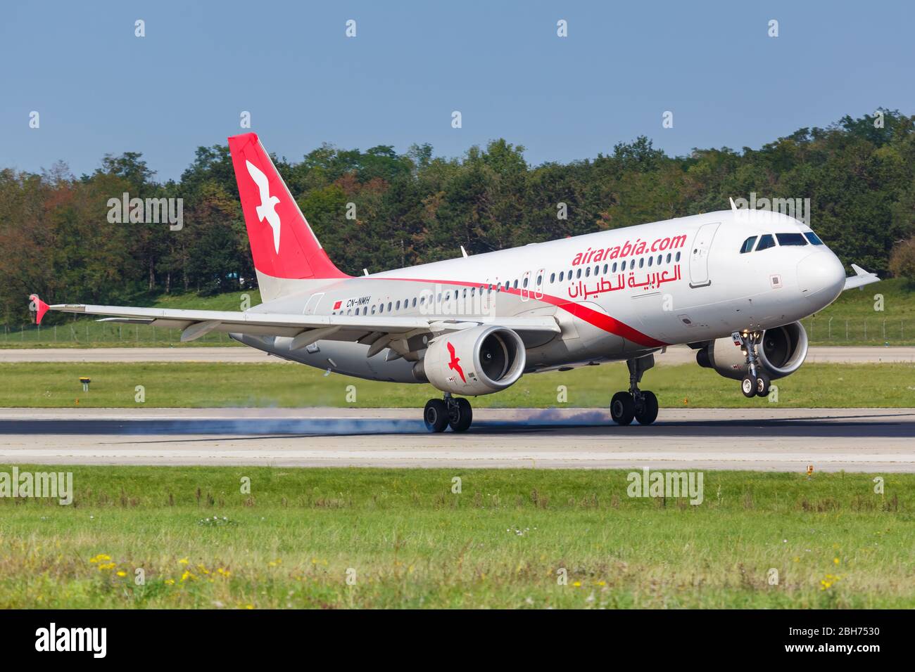 Mulhouse, France – August 31, 2019: Air Arabia Maroc Airbus A320 airplane at Basel Mulhouse airport (EAP) in France. Stock Photo