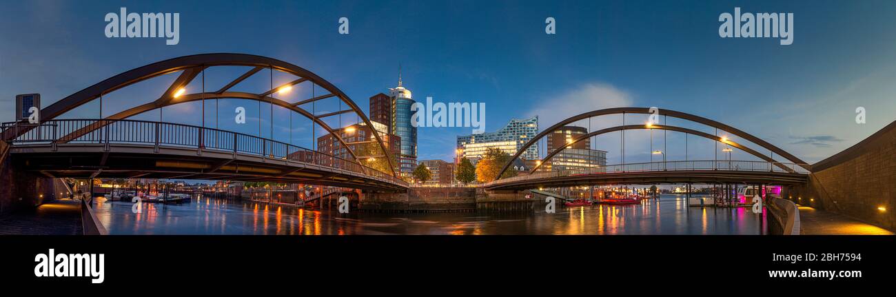 Panorama with 2 bridges and Elbphilharmony Concert Hall at sunset in Hamburg Stock Photo