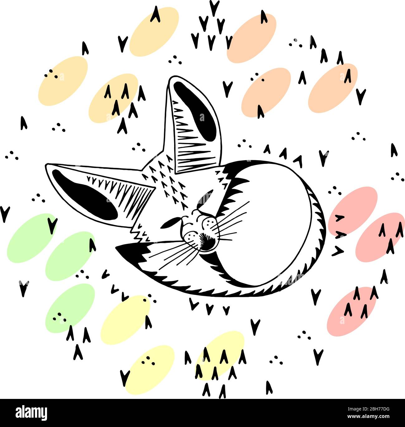 Fennec fox. Linear illustration. Cute kids cartoon style. Stock Vector