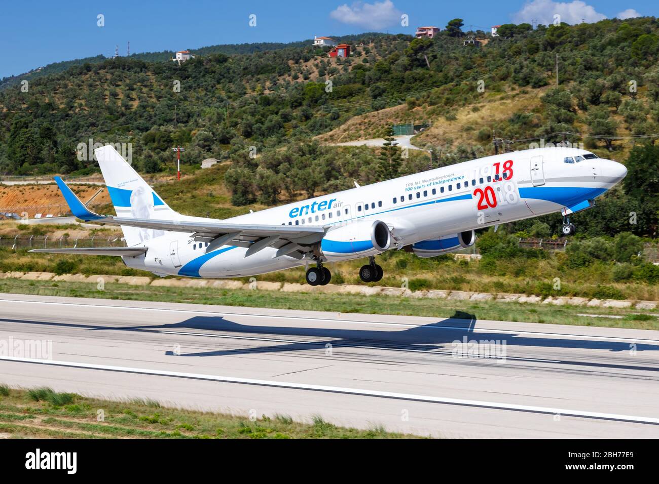 Skiathos, Greece – July 30, 2019: Enter Air Boeing 737-800 airplane at Skiathos airport (JSI) in Greece. Stock Photo