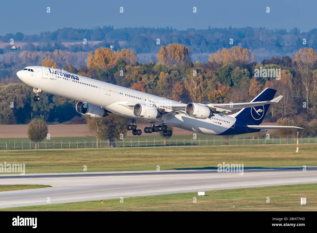 Munich, Germany – October 26, 2019: Lufthansa Airbus A340-600 airplane at Munich airport (MUC) in Germany. Stock Photo