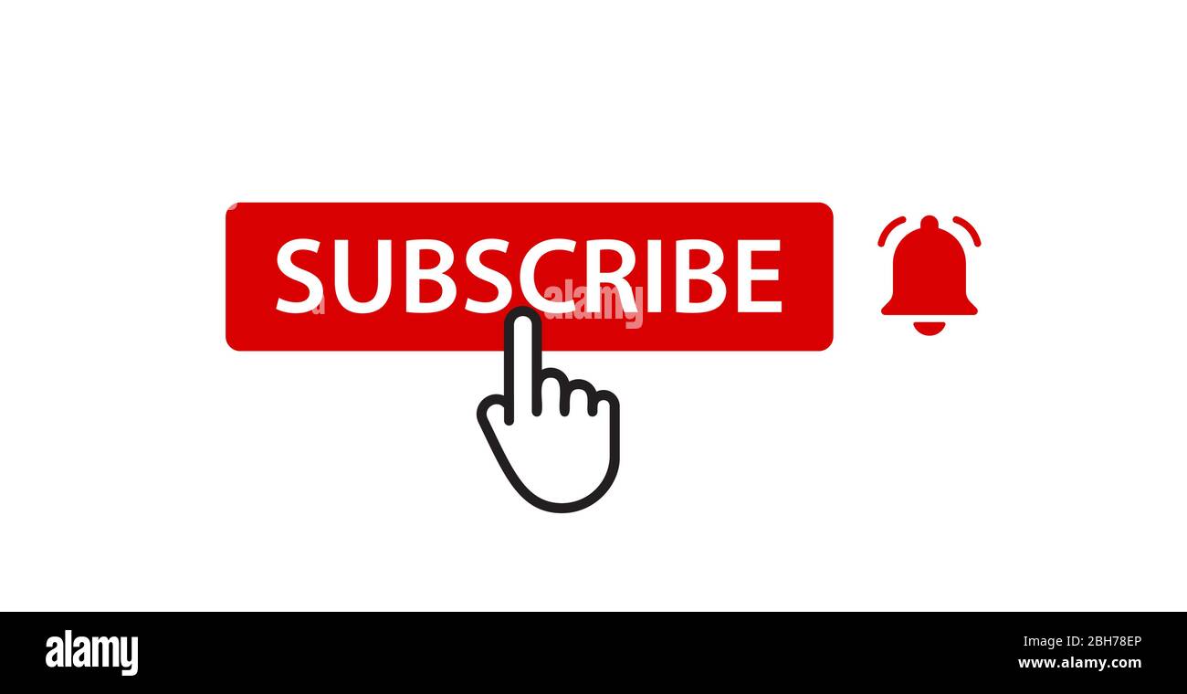 Subscribtion button with notification bell and click finger icon, isolated vector design element on white background for web interface. Stock Vector