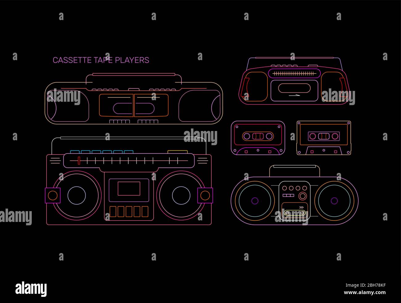 Neon colors isolated on a black background Cassette Tape Players vector illustration. Four vintage cassette recorders. Stock Vector