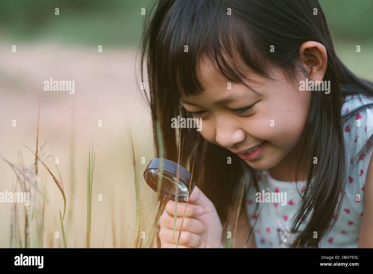 Happy asian child girl exploring nature with magnifying glass Stock Photo
