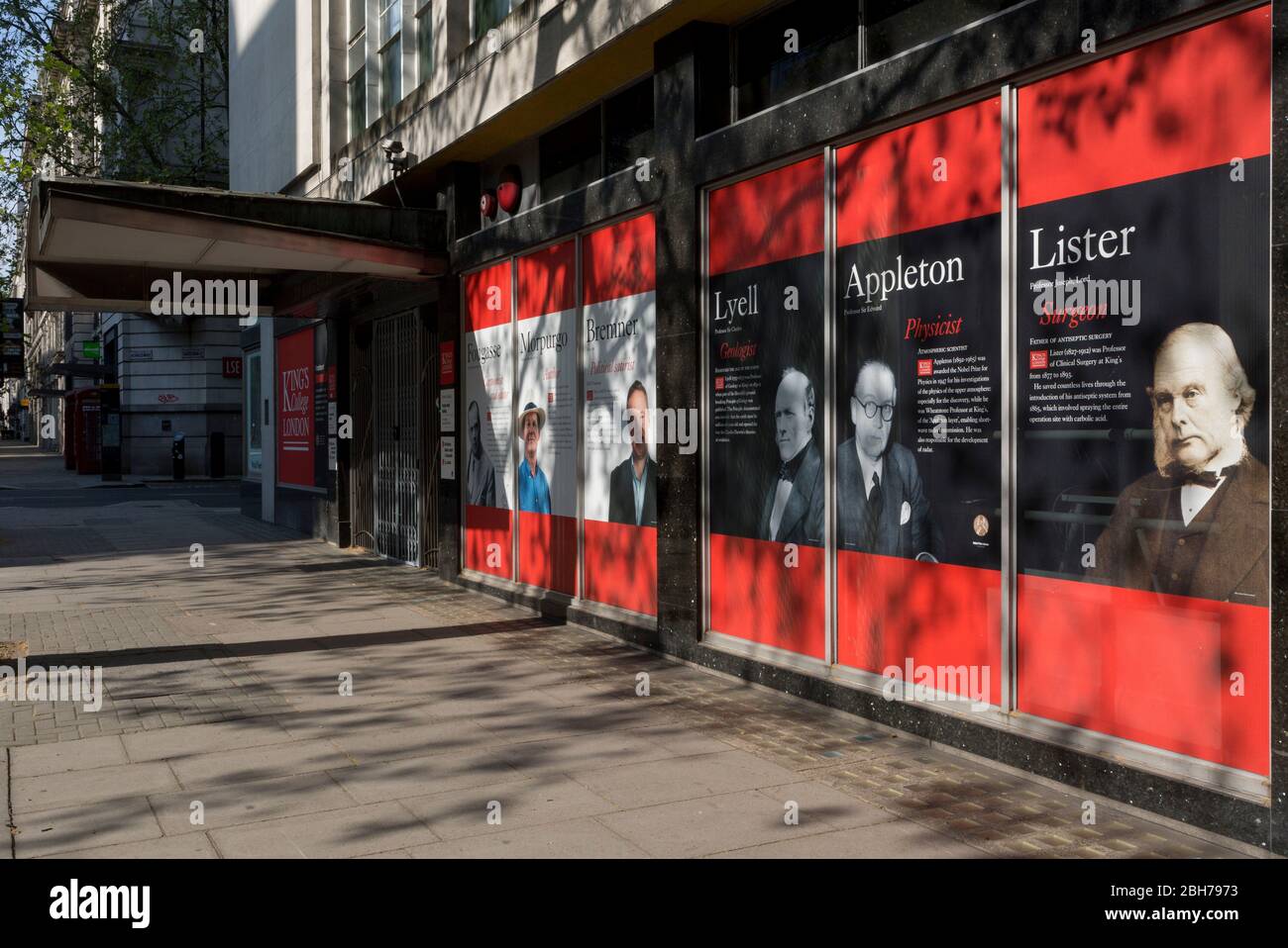 As the UK government's lockdown restrictions during the Coronavirus pandemic continues, and number of UK reported cases rose to 138,078 with a total now of 18,738 deaths, the faces and biographies of famous alumni outside one of UCL's sites on Kingsway, on 23rd April 2020, in London, England. King's College London is a public research university located in London, United Kingdom, and a founding college and member institution of the federal University of London. Stock Photo