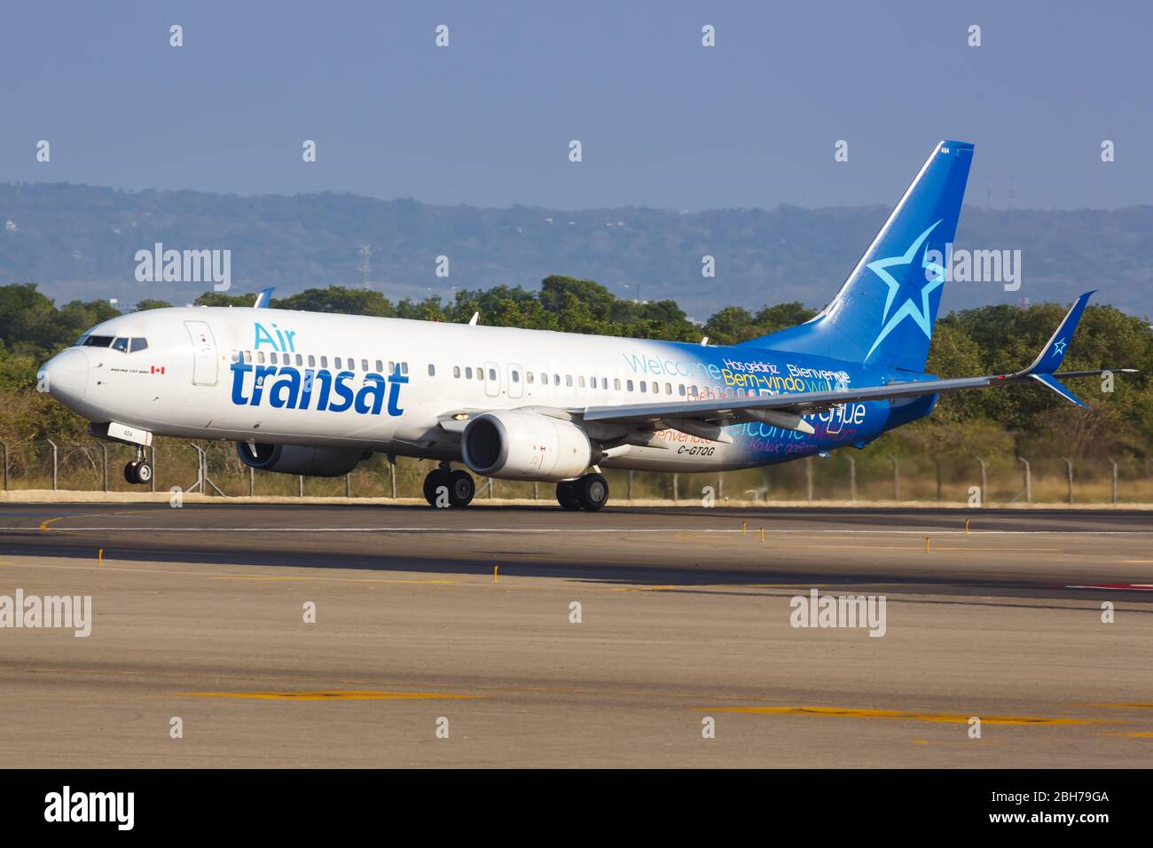 Cartagena, Colombia – January 29, 2019: Air Transat Boeing 737-800 airplane at Cartagena airport (CTG) in Colombia. Boeing is an American aircraft man Stock Photo