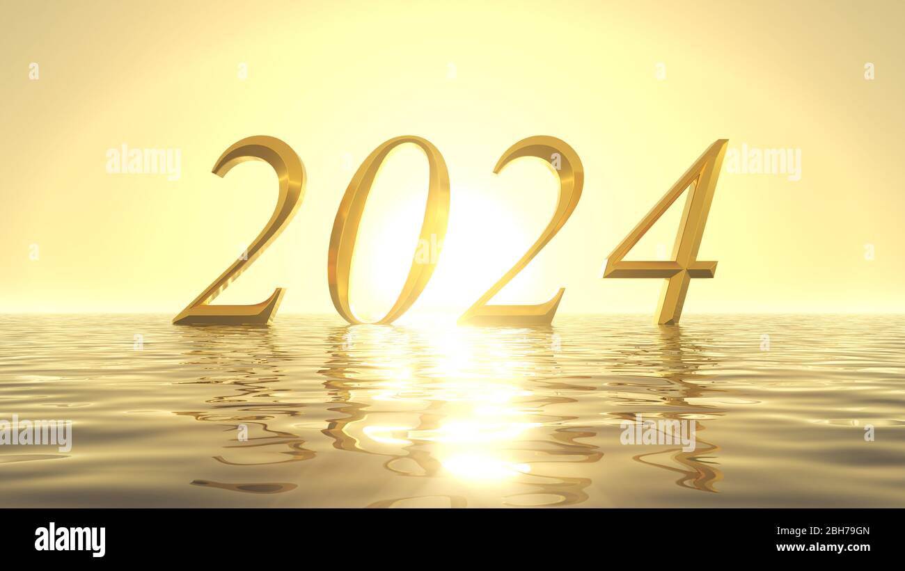 heavenly sunrise on golden sea with 2024 year date on front of sun