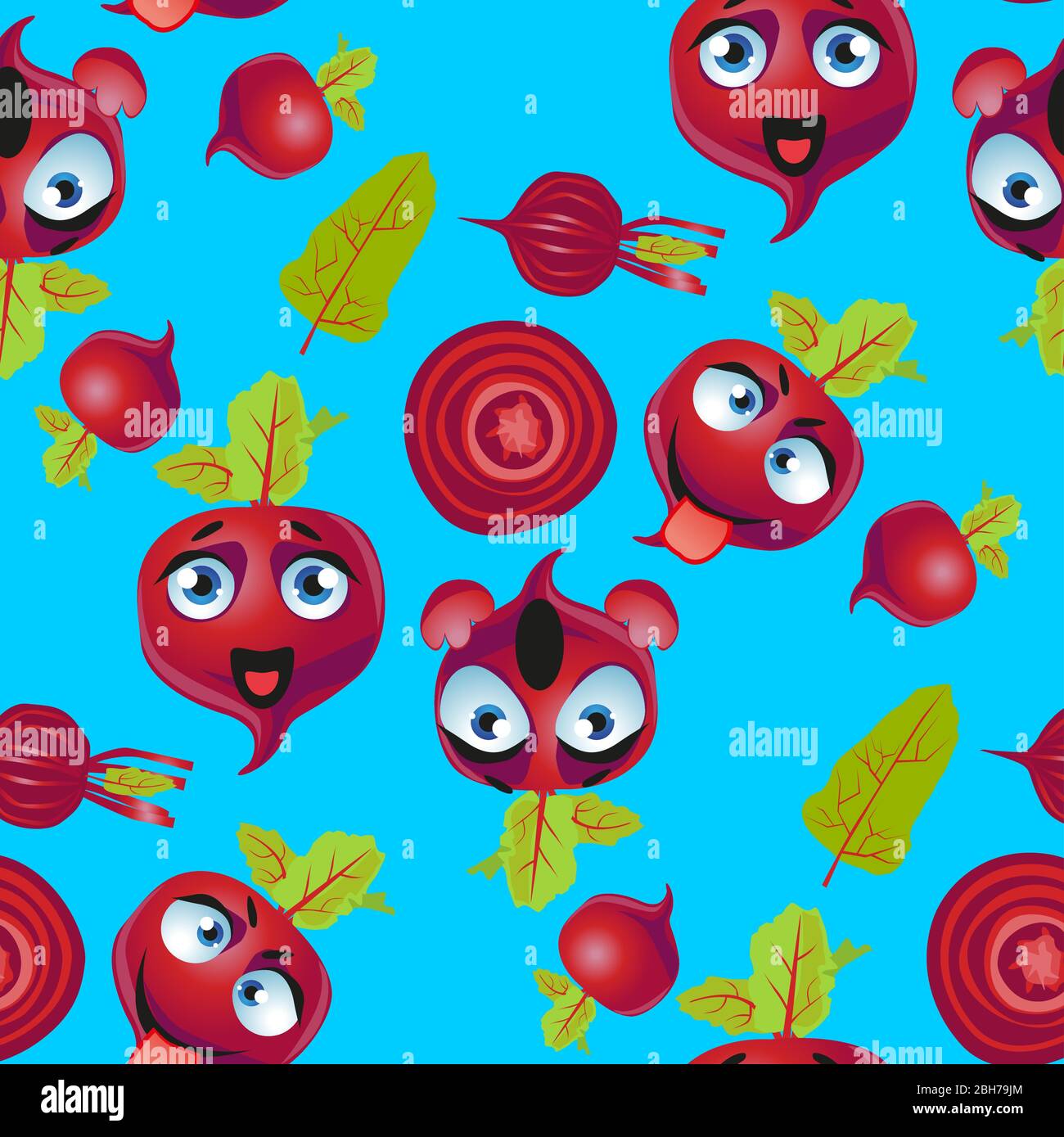 Cute seamless pattern with cartoon emoji beetroot on blue background Stock Vector