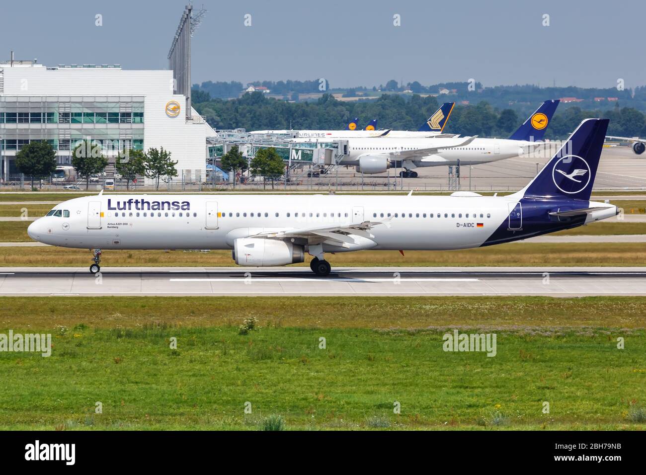 Munich, Germany – July 20, 2019: Lufthansa Airbus A321 airplane at Munich airport (MUC) in Germany. Airbus is a European aircraft manufacturer based i Stock Photo