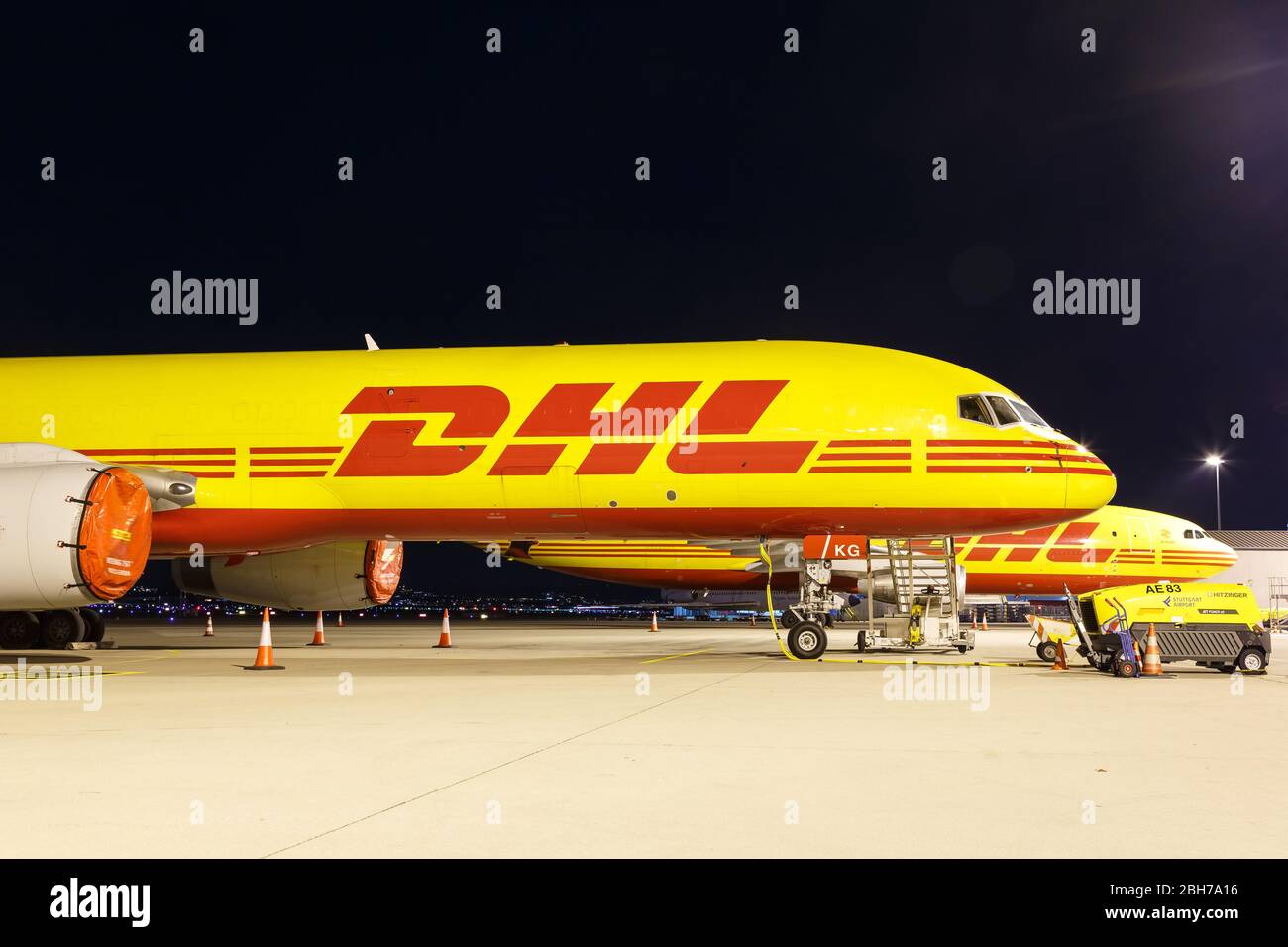 Stuttgart, Germany – December 6, 2019: DHL Boeing 757-200SF airplane at Stuttgart airport (STR) in Germany. Boeing is an American aircraft manufacture Stock Photo