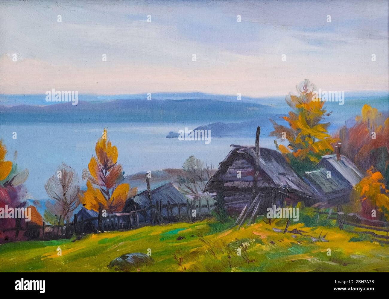 Autumn in the village, landscape of the Russian village, river and autumn, oil painting. Stock Photo