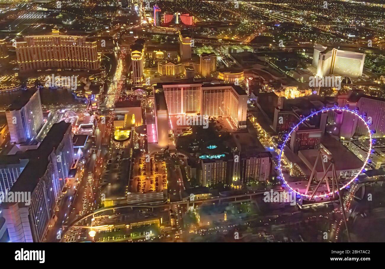 Night aerial view of Las Vegas skyline from helicopter. Stock Photo