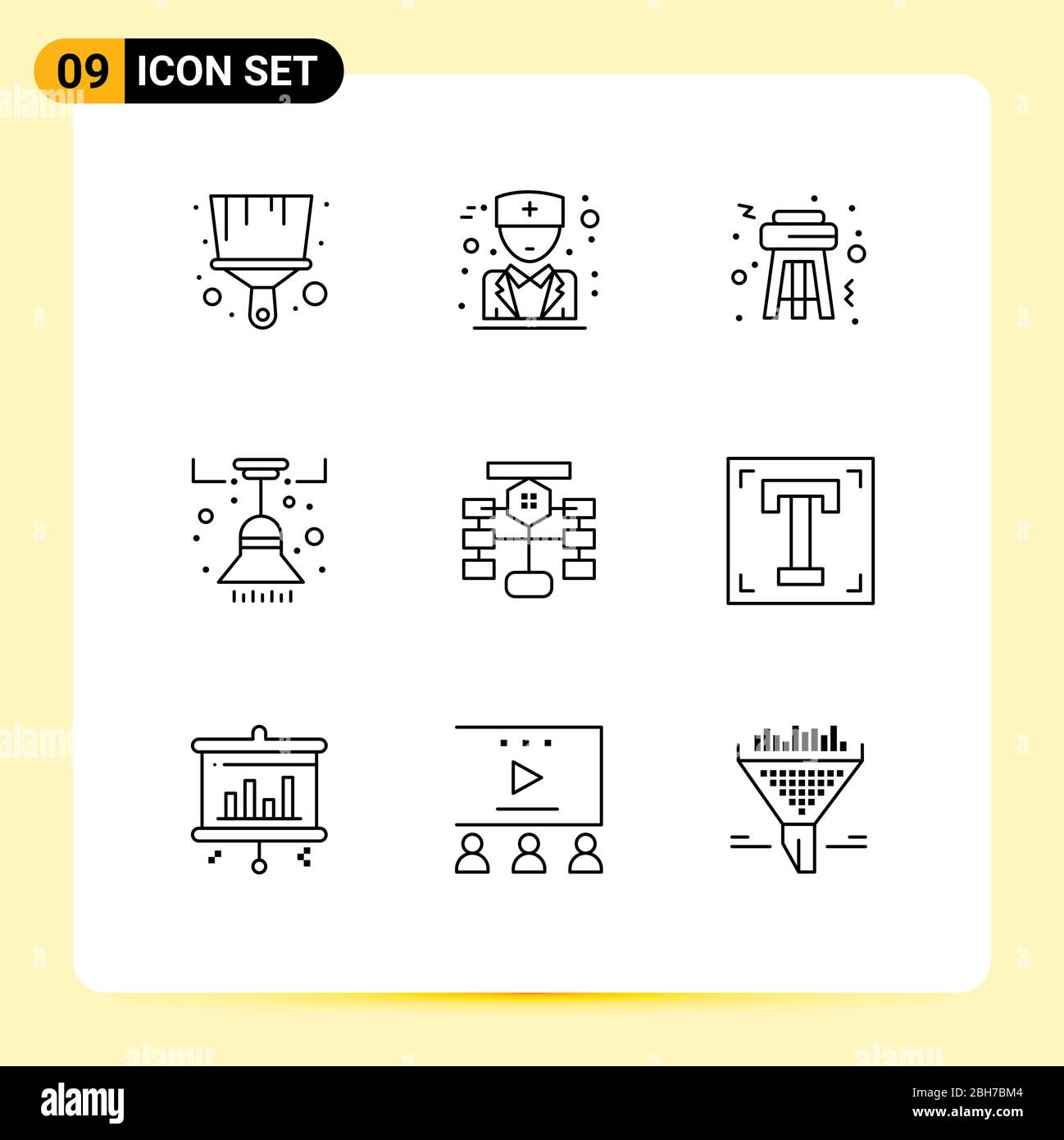 9 Thematic Vector Outlines and Editable Symbols of database, chart, party, flow, light Editable Vector Design Elements Stock Vector