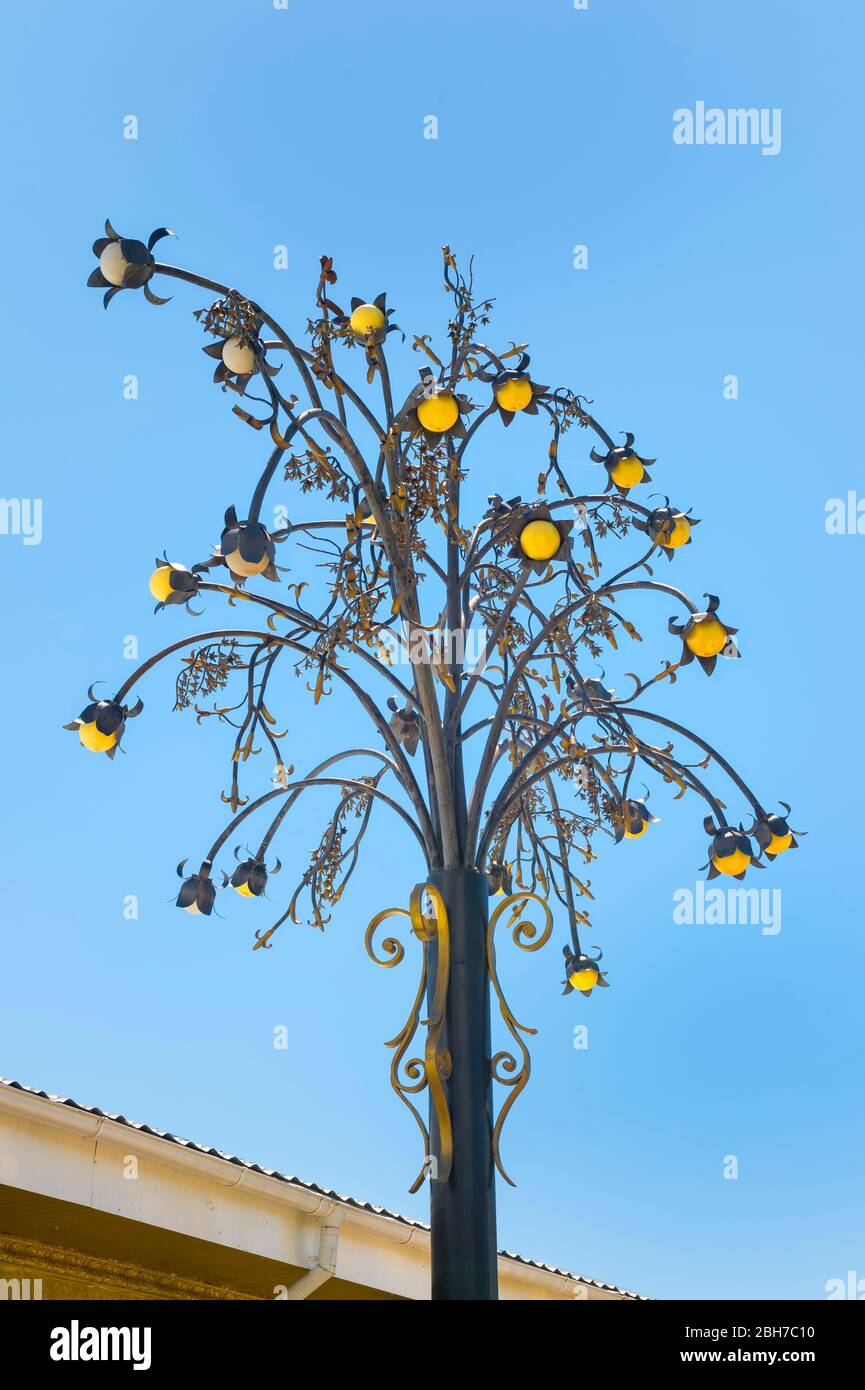 Decorated Street lamp, Ruh Ordo Cultural complex named after famous Kyrgyz writer Chinghiz Aitmatov, Issyk Kul lake, Cholpon-Ata, Kyrgyzstan Stock Photo