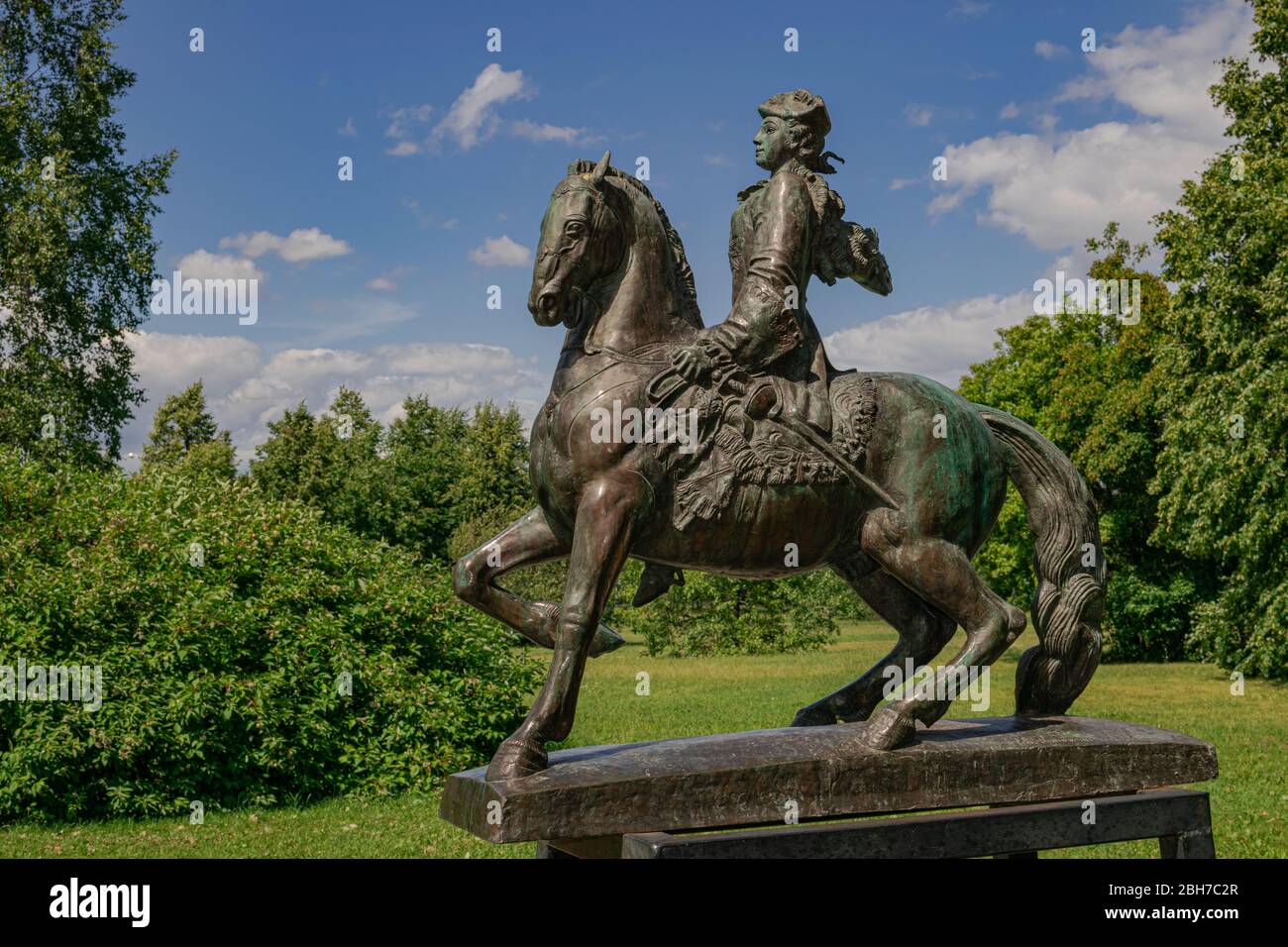 Moscow/Russia; July 05 2019: Elizabeth Petrovna horsewoman sculpture, (Elizabeth of Russia), with green trees background Stock Photo