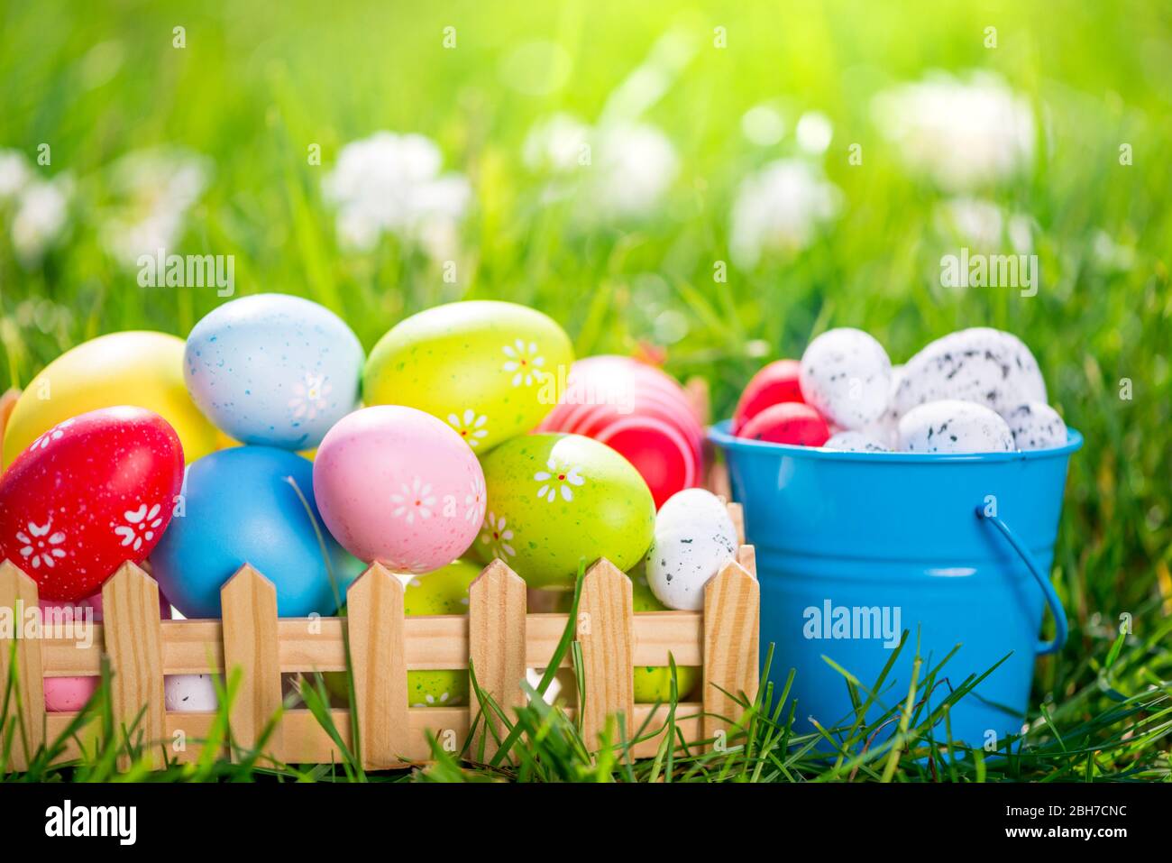 easter eggs in grass and flowers background Stock Photo