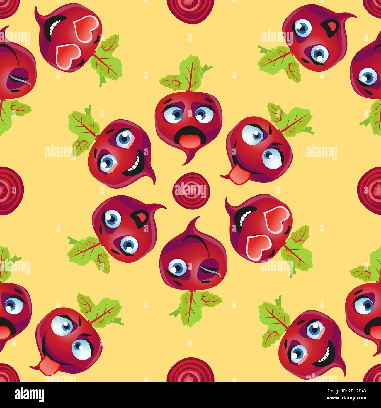 Cute seamless pattern with cartoon emoji beetroot on yellow background Stock Vector