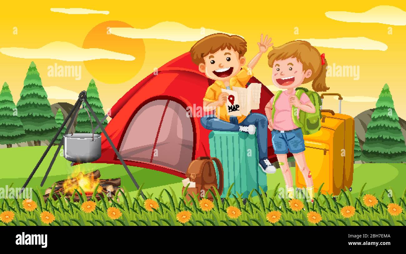 Scene with happy tourist camping out in the park illustration Stock ...