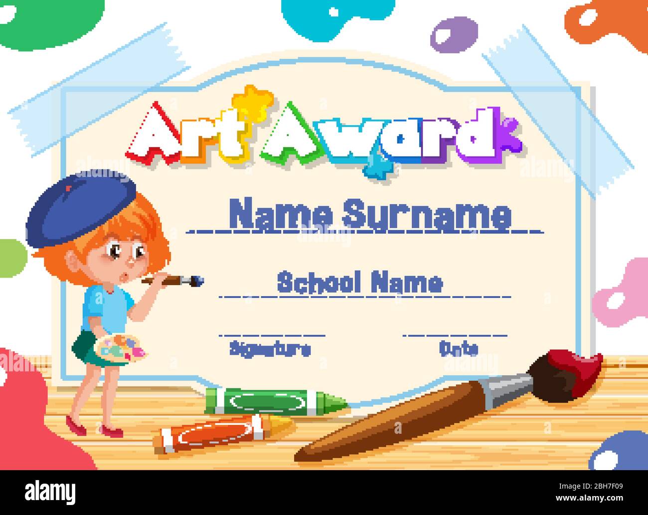 Certificate template for art award with kid painting in background