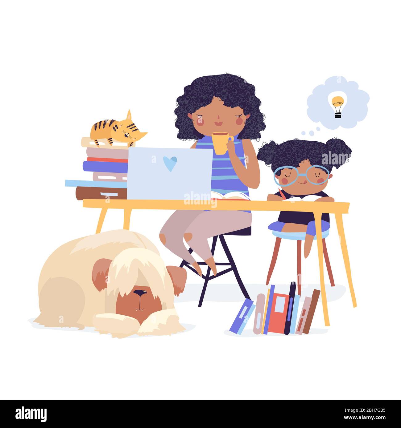 Mother with her daughter doing lesson at home together Stock Vector