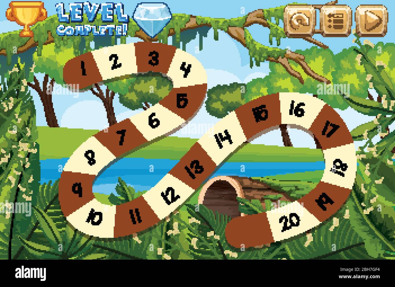 Boardgame template with river and forest background illustration Stock ...