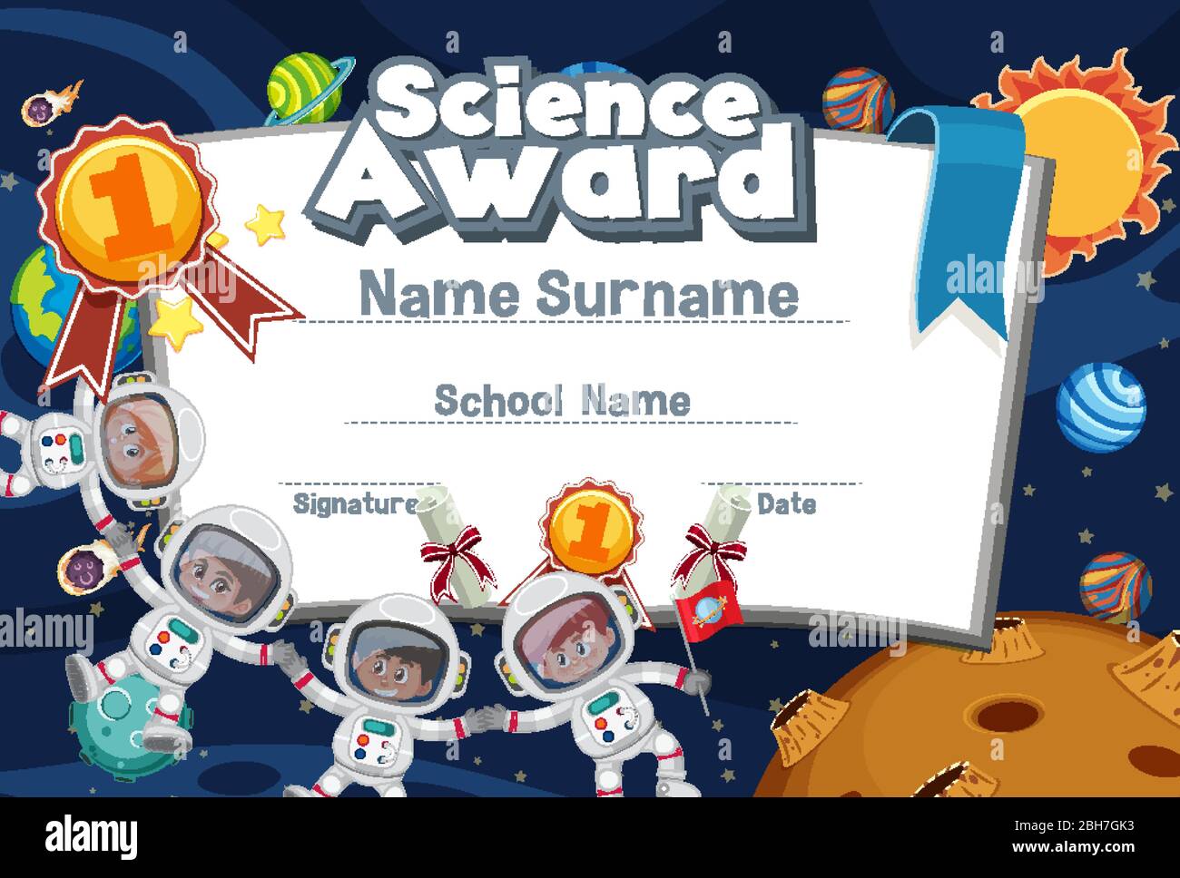 Certificate template design for science award with astonauts flying in ...