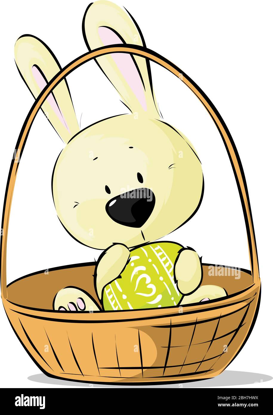Cute Easter Bunny Hold Egg Sitting in Basket - Vector Illustration ...