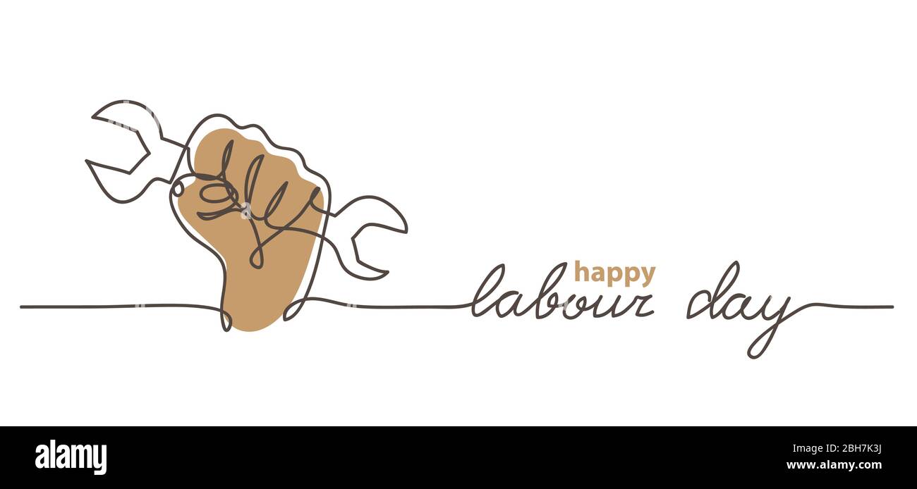 Happy Labour Day simple vector web banner. Hand, first and wrench. Lettering Labour Day. Minimalist background, banner, poster Stock Vector