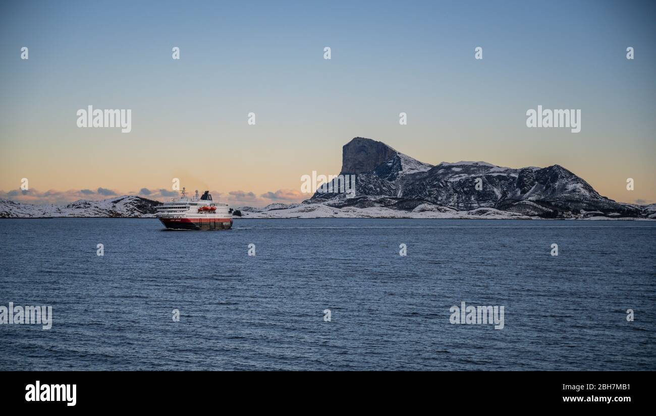 Hurtigruten, Kong Harold, cruising the northern fjords just above the arctic circle Stock Photo