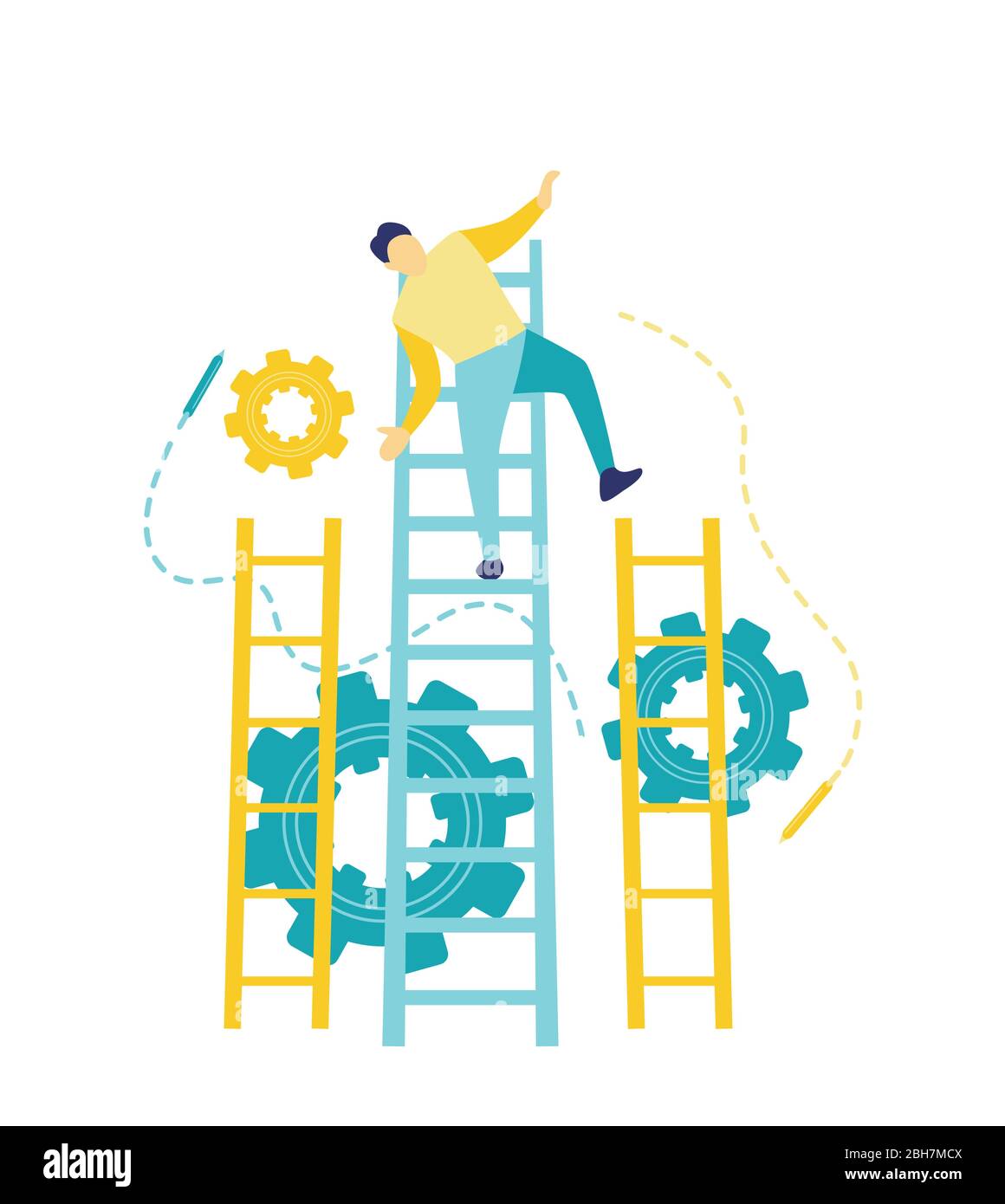 Flat vector illustration, a man who was fired and fell from the career ladder. The concept of failure of a young business man in blue and yellow. Stock Vector