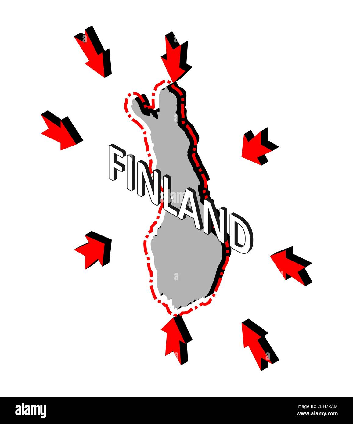 Finland closes borders, quarantine, protection against coronavirus. Ban on crossing borders. Vector isometric image of Finland map with arrows around. Stock Vector
