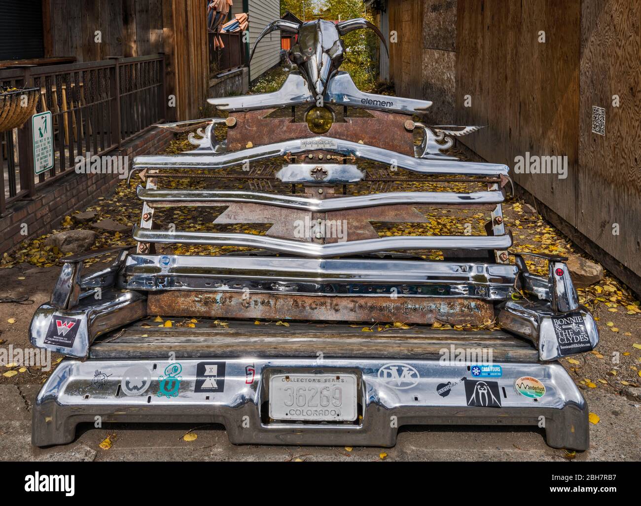Bench built using old car bumpers, at Elk Avenue in Crested Butte, Colorado, USA Stock Photo