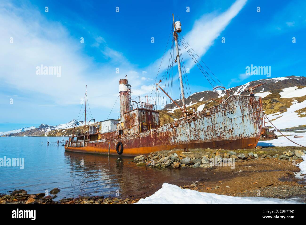 Wreck of the whaler ship Petrel, Former Grytviken whaling station, King Edward Cove, South Georgia, South Georgia and the Sandwich Islands, Antarctica Stock Photo