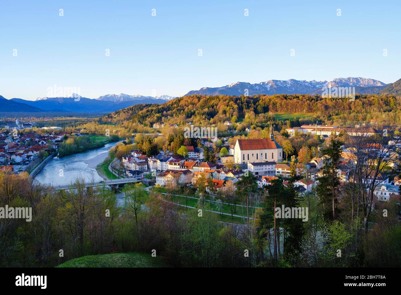 Isar and Franciscan Church, view from the Calvary, Bad Toelz, Isarwinkel, Alpine foothills, Upper Bavaria, Bavaria, Germany Stock Photo