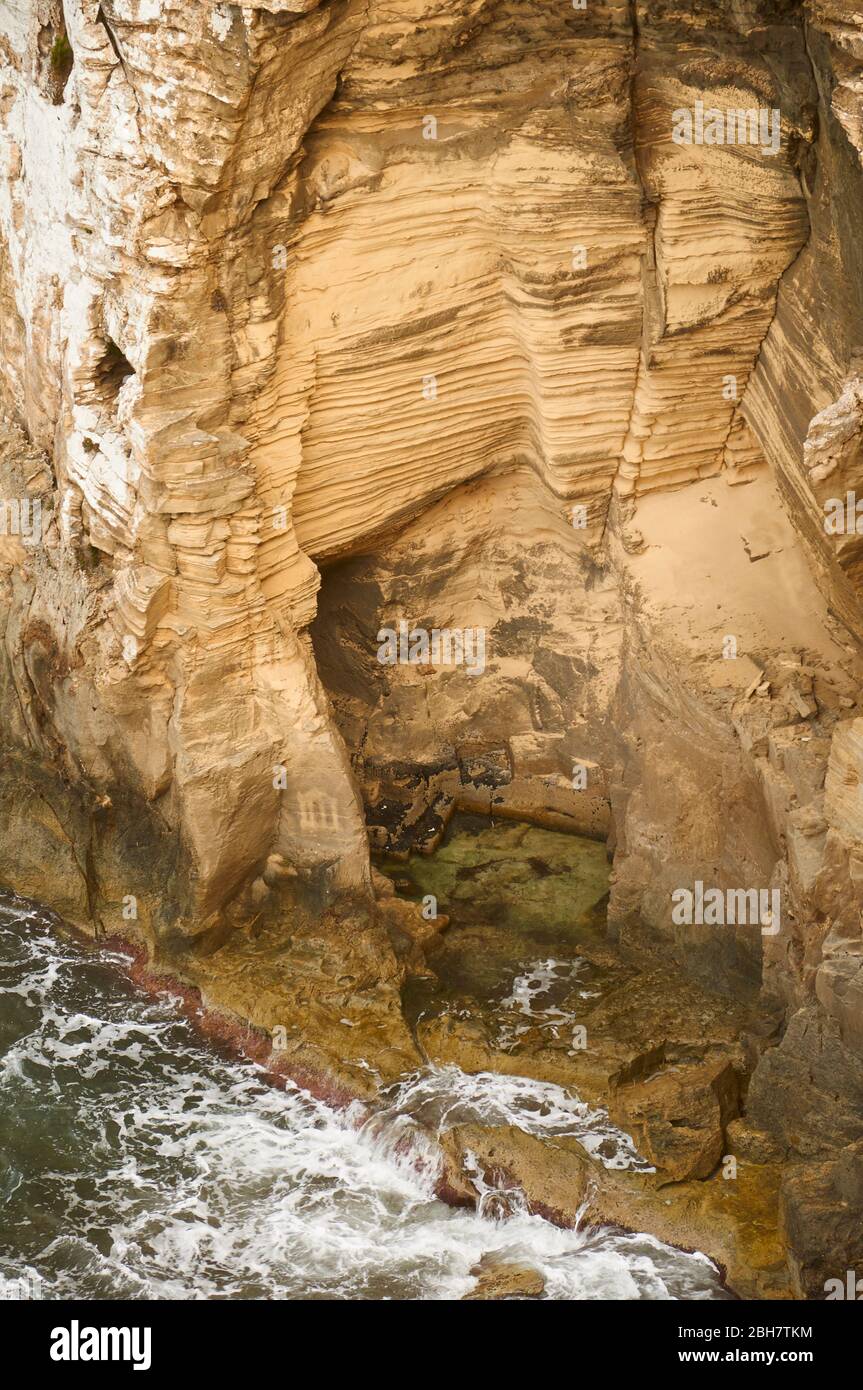 Racó de Ses Pedreres sandstone marès quarry near Es Caló de Sant Agustí (Formentera, Pityusic Islands, Balearic Islands, Mediterranean sea, Spain) Stock Photo