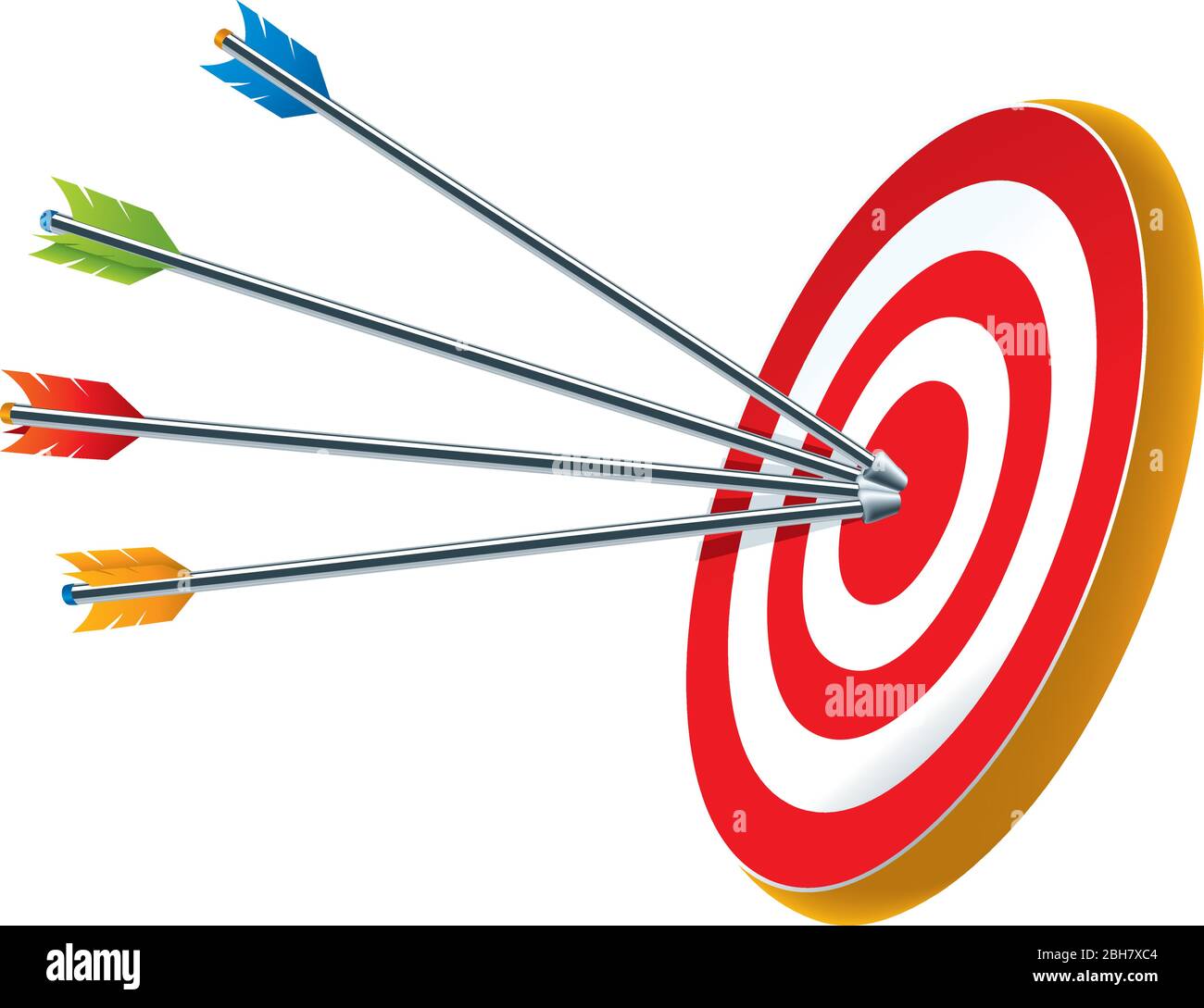 Vector illustration. Bullseye target with several arrows in its center. Stock Vector