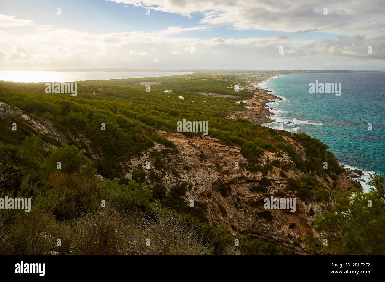 Panoramic view of Formentera central isthmus and coastline from Sa Pujada trail path (Formentera, Balearic Islands, Mediterranean sea, Spain) Stock Photo