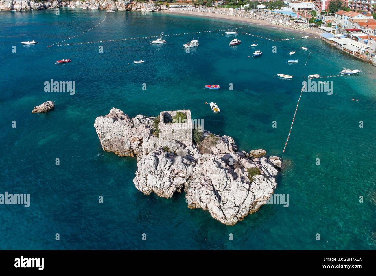 Aerial view of the bay near the village of Przno. Montenegro. Stock Photo