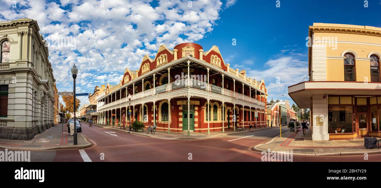 Panoramic view of the old buildings at Hight St and Mouat St in Fremantle, Western Australia. Stock Photo
