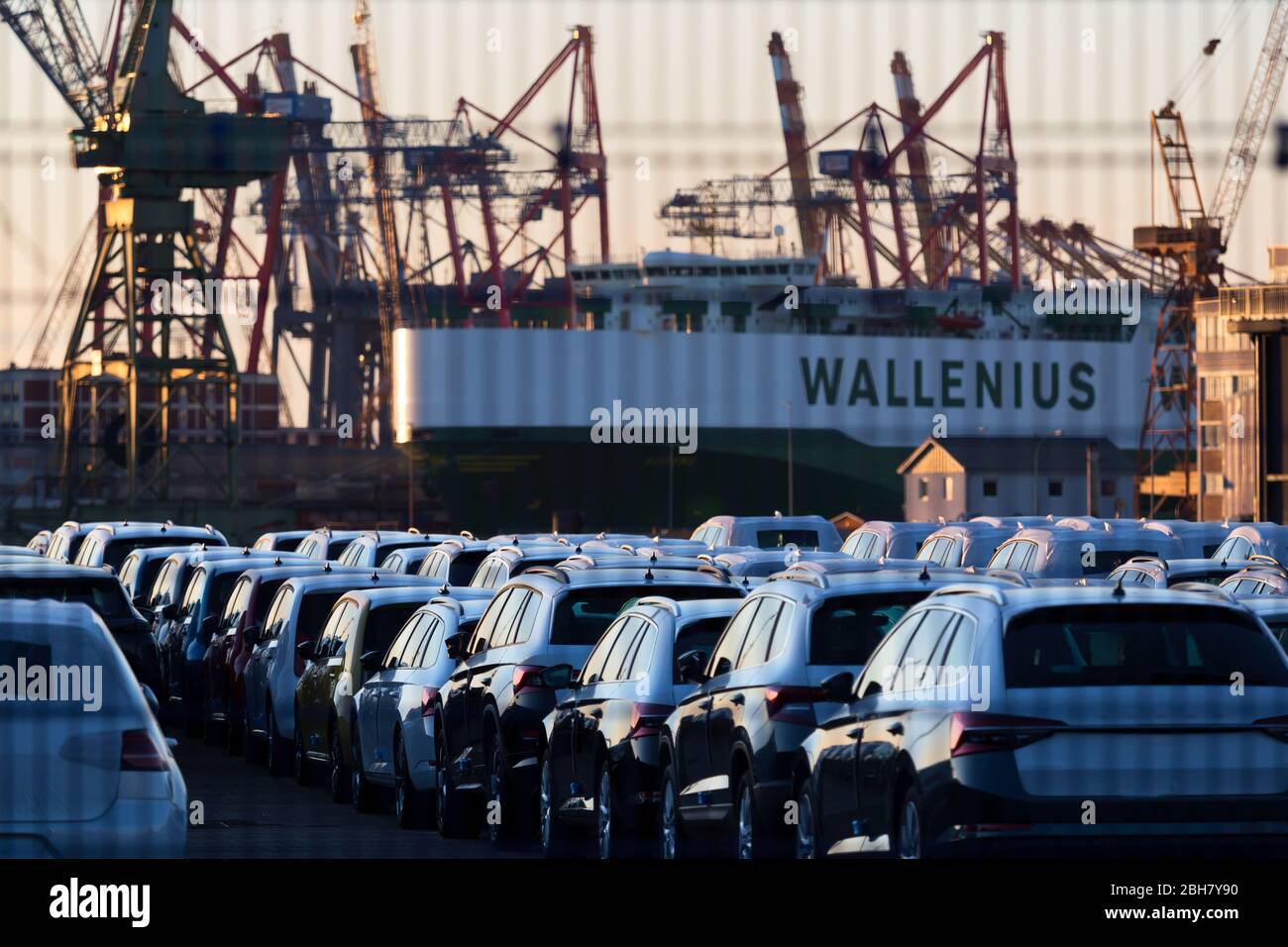 22.03.2020, Bremerhaven, Bremen, Germany - New cars in the Kaiserhafen are waiting for shipment, in the back a carfeeder of the forwarding agency Wall Stock Photo