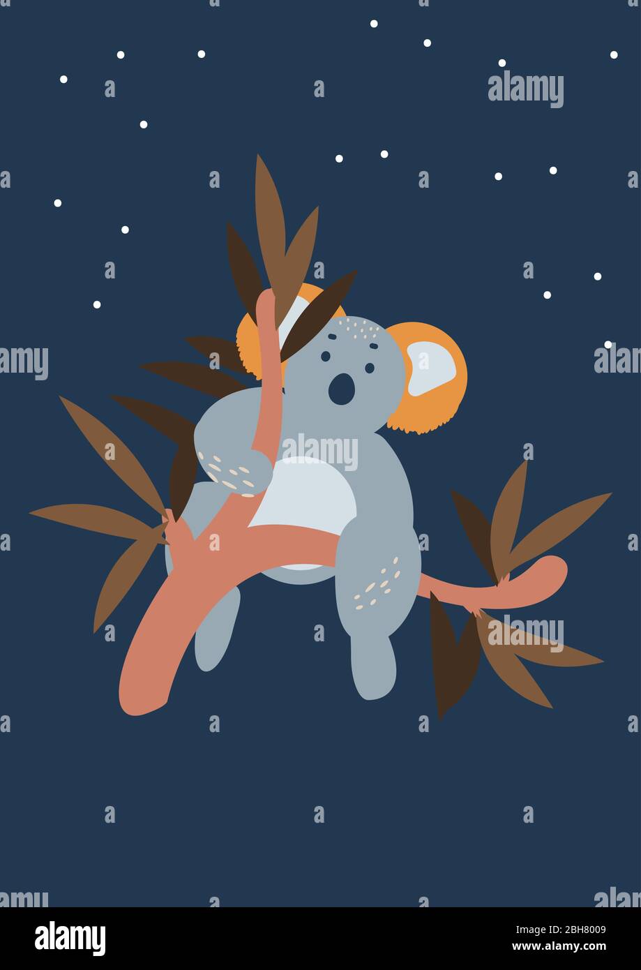 Cute koala bear sitting on eucalyptus tree vertical poster print design ...