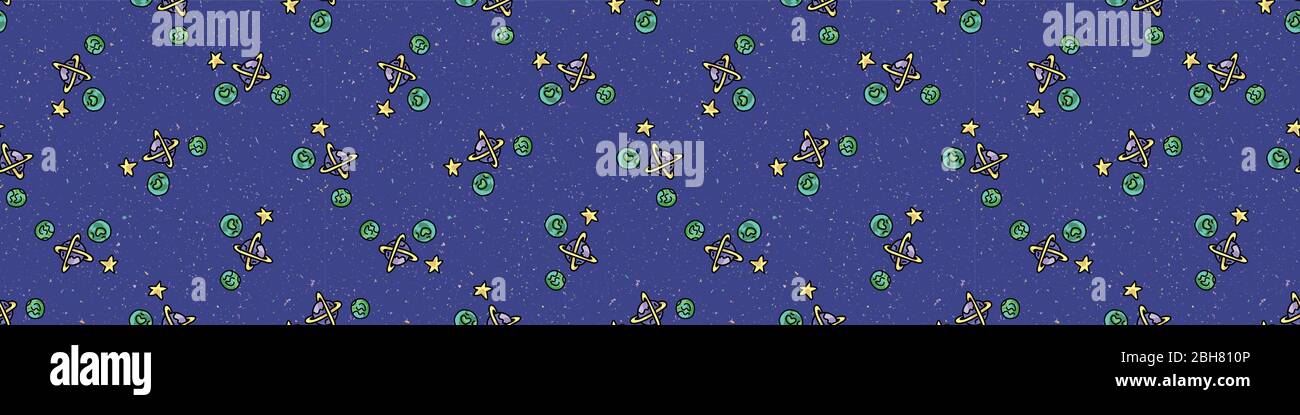 Cute scattered cosmic space background seamless vector border. Hand ...