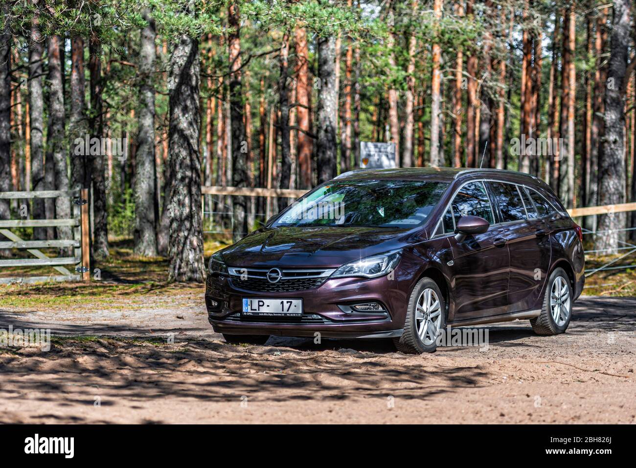 Galkalne, Latvia - April 22, 2020: brown shiny car Opel Astra Sport Tourer  parked in forest roadside on blurred bokeh background on bright sunny day, Stock Photo