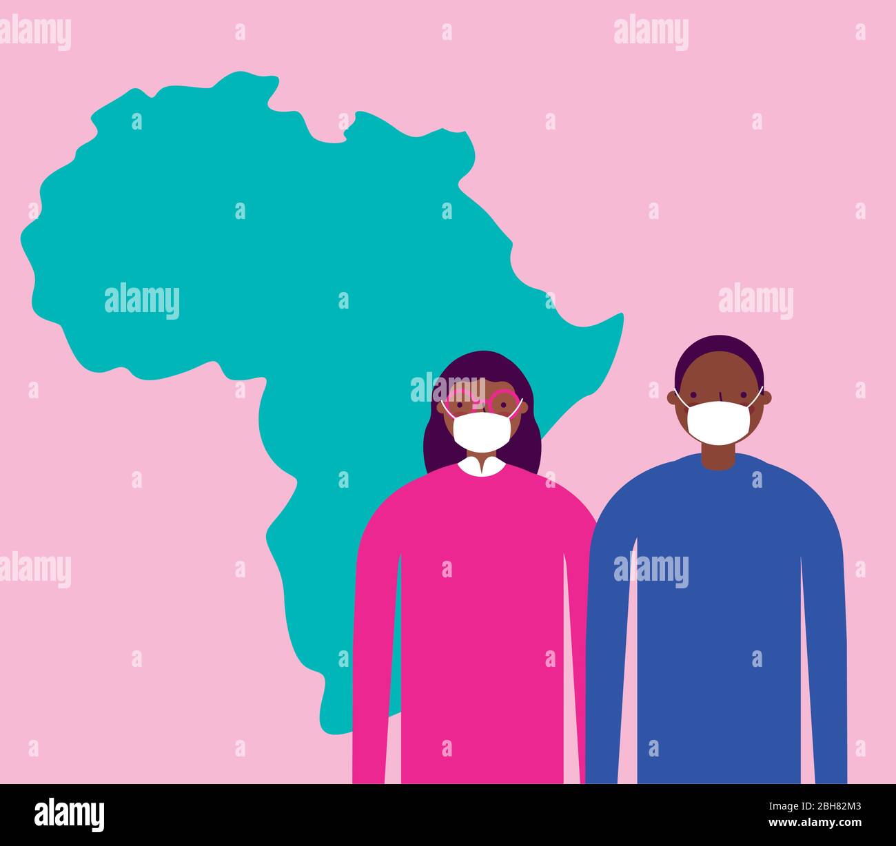 afro couple using face masks for covid19 with africa map Stock Vector ...