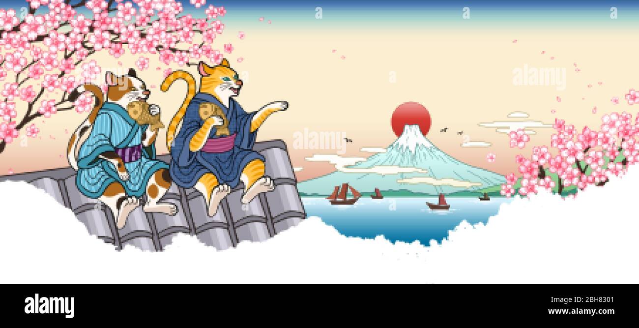 Tabby and calico cat in yukata sitting on roof top and eating taiyaki, sakura fuji mountain scenery Stock Vector