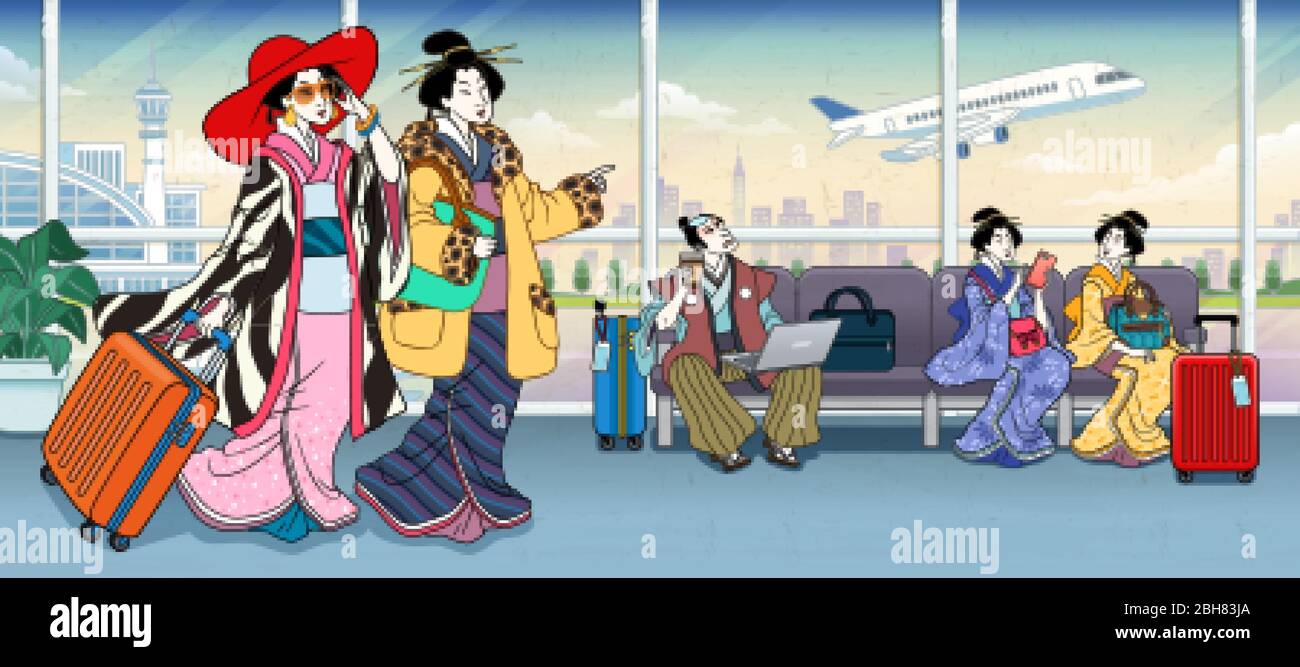 Ukiyo-e style people in airport terminal wearing fashion kimono coat and waiting for their flight Stock Vector